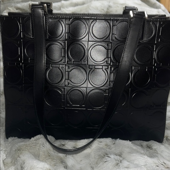 Salvatore Ferragamo Black Tote Bag with Embossed Pattern and Structured Shape - Picture 1 of 16